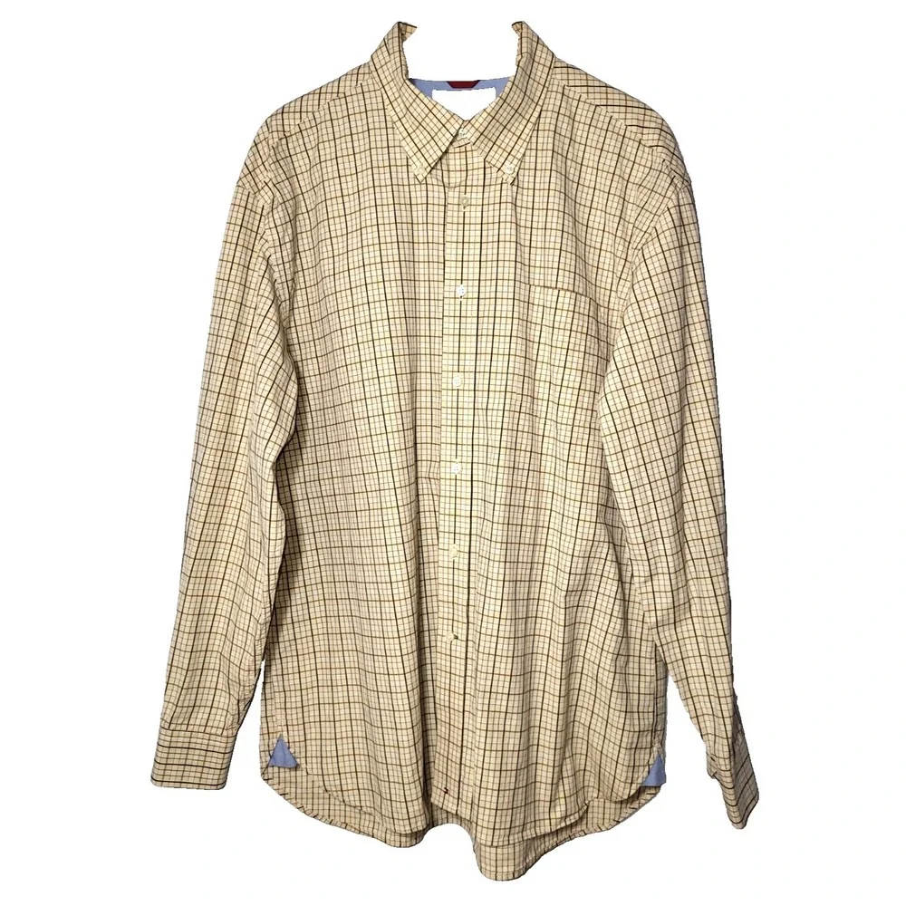 Tommy Hilfiger 80's 2 Ply Cotton Cream Plaid‎ Button Down Shirt Size XL Preppy